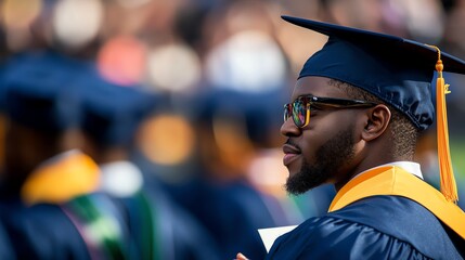 A proud graduate wearing a cap and gown, gazing into the distance while celebrating the achievement of earning a degree at a graduation ceremony.