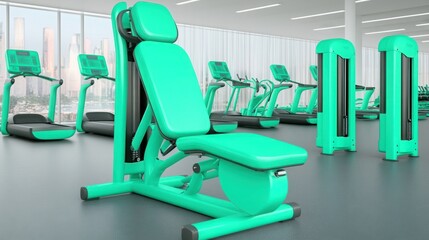 Modern fitness gym interior featuring vibrant green exercise equipment with clear windows showcasing a city skyline in the background