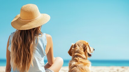 A serene beach scene showcasing a girl with a sun hat sitting next to her dog, enjoying the sunny day and tranquil ocean view.