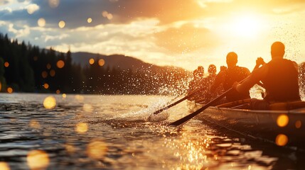 A serene sunset scene featuring a group of people rowing a canoe on a lake, with the sun casting beautiful reflections on the water.