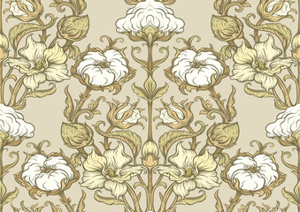 Pure cotton Seamless pattern, background. Vector illustration. In botanical art nouveau style, vintage, old, retro style.