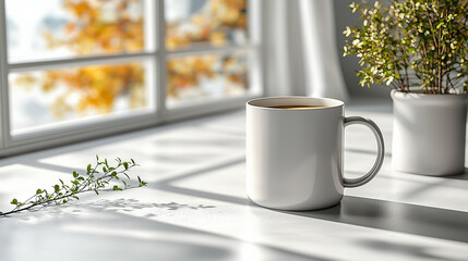 Minimalist White Coffee Mug Mockup in Cozy Sunlit Interior 