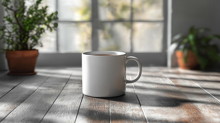 Minimalist White Coffee Mug Mockup in Cozy Sunlit Interior 
