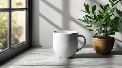 Minimalist White Coffee Mug Mockup in Cozy Sunlit Interior 