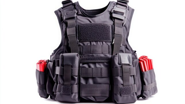 Tactical black vest with multiple pockets and red accessories for equipment storage ideal for outdoor activities and security professionals, front view