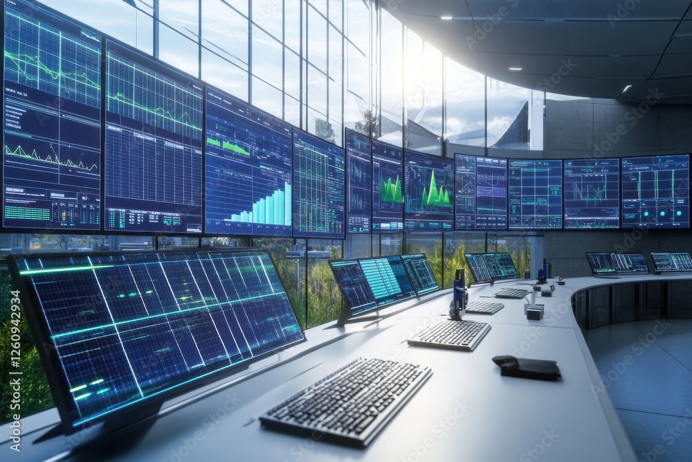 Aufkleber bright control room featuring multiple screens displaying real-time data and analysis.
