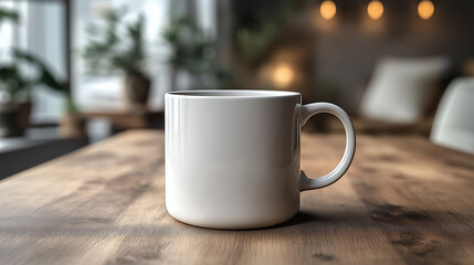 Minimalist White Coffee Mug Mockup in Cozy Sunlit Interior 