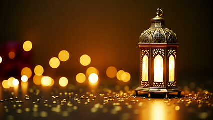 Fototapeta premium Ramadan Kareem Celebration with Lanterns, Crescent Moon, and Dates