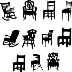chairs and rocking chair set silhouette on white background vector