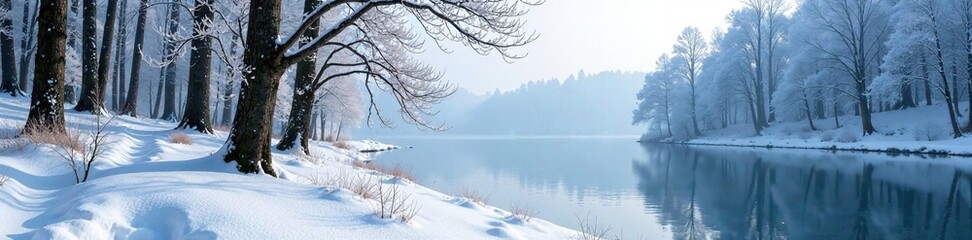 Frosty forest landscape with bare trees and snow-covered ground, snowflakes, winter scene, frozen lake
