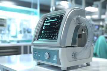 Modern medical ventilator displaying patient's ECG in a sterile hospital room.