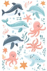 Fototapeta premium Playful Pastel Sea Creatures Sticker Sheet - Adorable Underwater