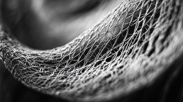 Close-up view of detailed fishing net texture captured in black and white