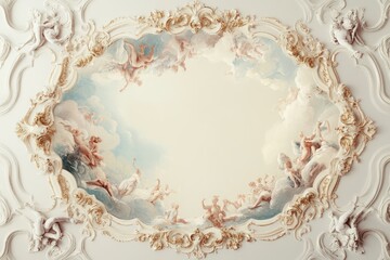 Richly Detailed Rococo Ceiling Painting With Courtly Themes Framed by Intricate Gilded Border in Soft Pastel Tones