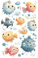 Obraz premium Vibrant Pastel Pufferfish and Anglerfish Sticker Sheet - Quirky Cartoon Aquatic Creatures in Soft