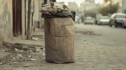 Naklejka premium Overflowing trash can on city street