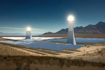 Concentrated solar power plant with two towers surrounded by heliostats in desert.