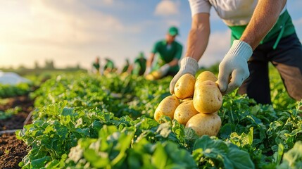 potato hand picking organic harvest. Harvesting potatoes in a lush green field at sunset.