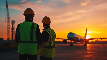 Two construction workers in safety gear observe an airplane taking off against a vibrant sunset sky, highlighting the intersection of aviation and labor.