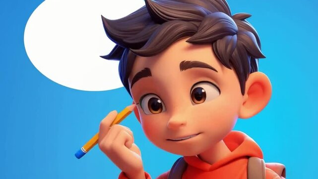 Playful Cartoon Character Design Thoughtful Boy with Pencil, Imagining Ideas in Youthful Education and Creativity Against Blue Background.