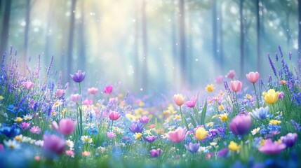Enchanted Forest Meadow: A breathtaking view of a magical forest meadow bursting with vibrant colorful flowers, bathed in soft, ethereal sunlight.  The scene evokes a sense of wonder and tranquility.
