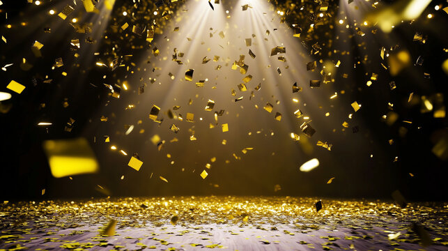 Golden confetti falling under dramatic spotlight for celebrations, award ceremonies, and festive event promotions