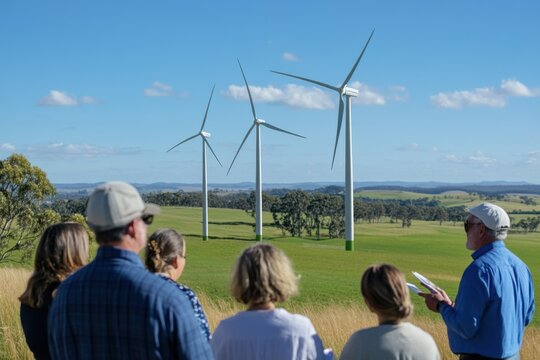 Group learns about wind energy by observing turbines in green, hilly countryside.