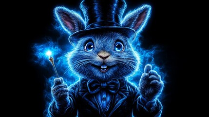 A whimsical rabbit in a top hat and bow tie holds a magic wand, surrounded by an enchanting blue glow.