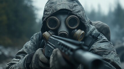 a man wearing a gas mask and holding a rifle, fully equipped for survival in a war-torn environment, symbolizing defense, resistance, and hostile encounters