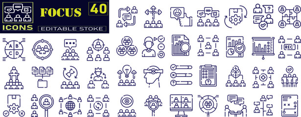 Set of outline icons related to focus , target, goal, achievement, headhunting, employment. Editable stroke.