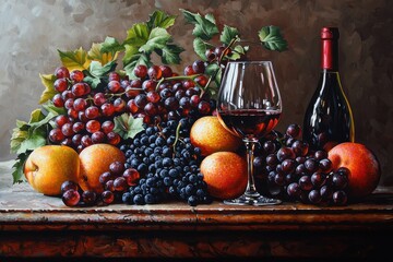Vivid still life depicting a glass of red wine, assorted grapes, and apples arranged elegantly on a wooden table with a wine bottle beside them
