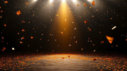 Golden confetti falling under dramatic spotlight for award ceremonies, celebrations, and grand event finales