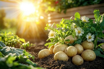 potato hand picking organic harvest. Fresh potatoes nestled in soil with blooming flowers and sunlight.