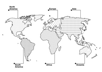世界地図イラスト: 水玉模様の六大州（白黒）