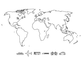 世界地図と交通機関アイコンのイラスト（黒ライン）