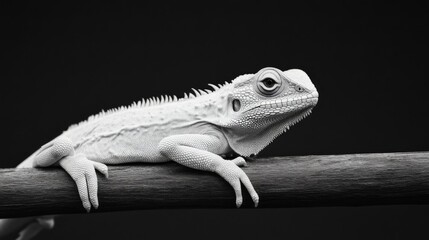 Albino lizard perched on branch, dark background, nature study, wildlife photography