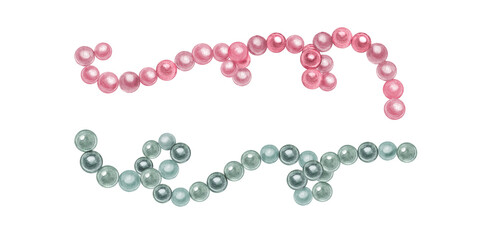 Watercolor pearl necklace clip art illustration isolated background. Grey green and pink nacreous beads set Female accessories for holiday design, jewelry stores, retail marketing visuals