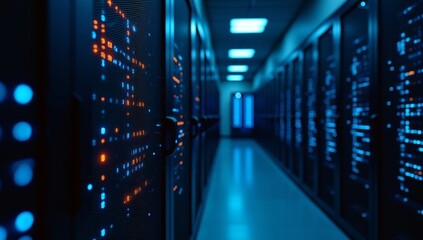 A close-up perspective of server room racks with digital binary code highlighted by blue and orange lights.