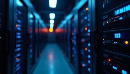 A close-up perspective of server room racks with digital binary code highlighted by blue and orange lights.