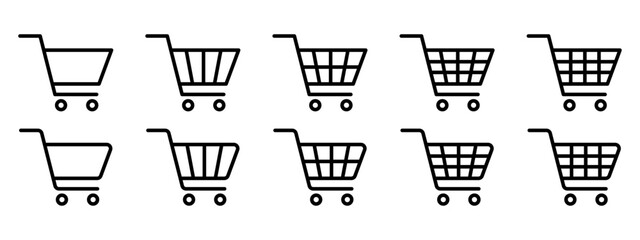 A collection of black shopping cart icons in various styles, ideal for e-commerce, online stores, and shopping apps.