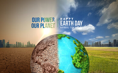 Our power, our planet. Earth day 2025 3d concept background. Ecology concept. Design with 3d globe...