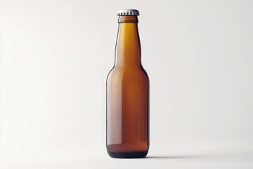 Brown glass beer bottle on solid white background. Neural network AI generated