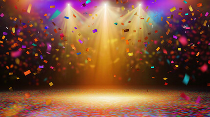 Glowing stage spotlight with vibrant  rainbow falling confetti creating a festive and celebratory atmosphere, perfect for award ceremonies, event promotions, party invitations