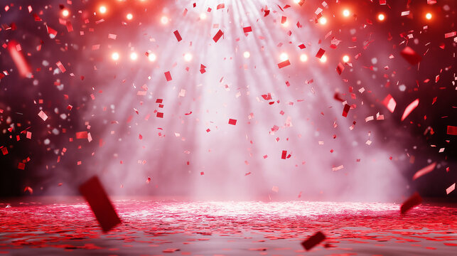 Red confetti falling under bright stage lights with dramatic smoke for celebrations, concerts, and grand event finales