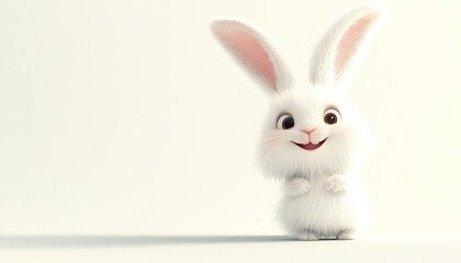 Obraz premium 3d Bunny Animation Cartoon Cute Smiling Fluffy Ears White Background Copy Space Happy Easter Greeting Card