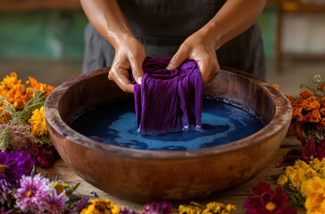 Hands immerse a purple fabric into a bowl of dye surrounded by colorful flowers in a traditional craft workshop