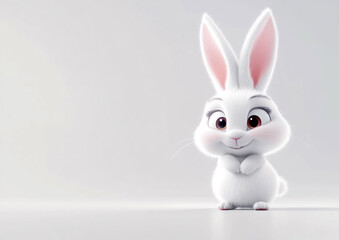 3d Bunny Animation Cartoon Cute Smiling Fluffy Ears White Background Copy Space Happy Easter Greeting Card