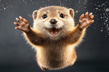 Fototapeta premium A playful otter appears joyful, splashing water with its paws raised in a cheerful pose against a dark background.