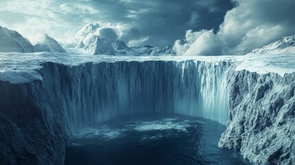 A large, deep, icy hole in the ground with a mountain in the background