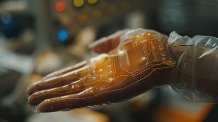 Obraz premium Hand in a Technological Embrace: A close-up shot of a gloved hand overlaid with a glowing technological circuit pattern, suggesting a fusion of human touch with advanced technology.